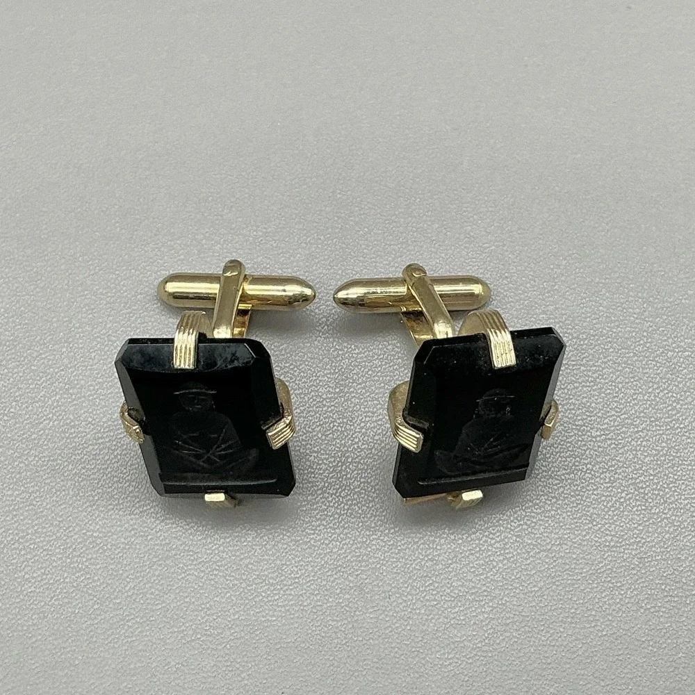 Vintage Mens Cufflinks Gold Tone Black Intaglio Figure Stone Bullet Back Jewelry